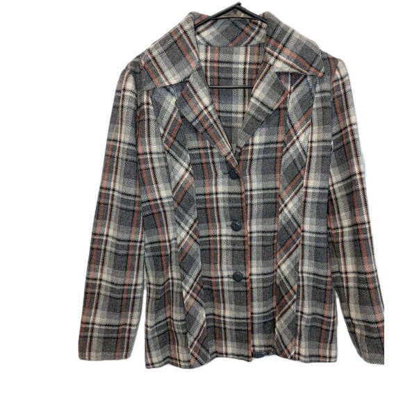 Vintage Bill Atkinson Glen Of Michigan Grey Orange Plaid Button Jacket 70s Wool - Picture 3 of 7